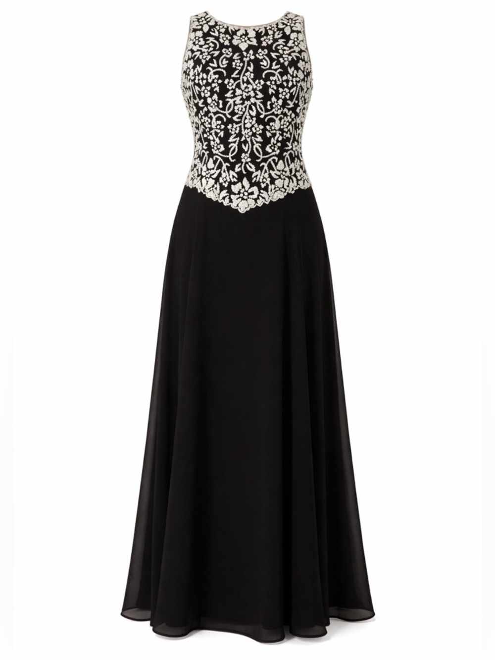 J Kara Black and White Embroidered Maxi Evening Dress